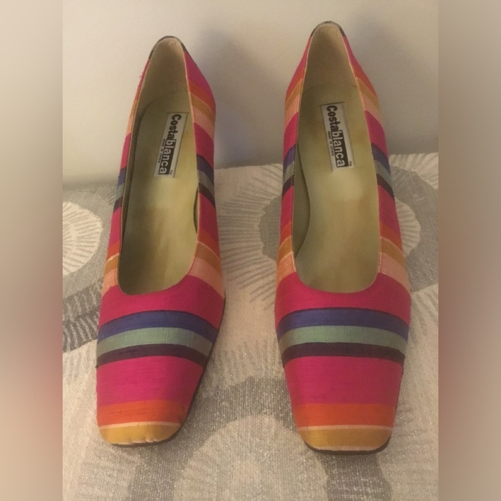 Costa Blanca Pink Multi-Stripe Satin Heels NWOT READ SIZE 11 
Made in Spain